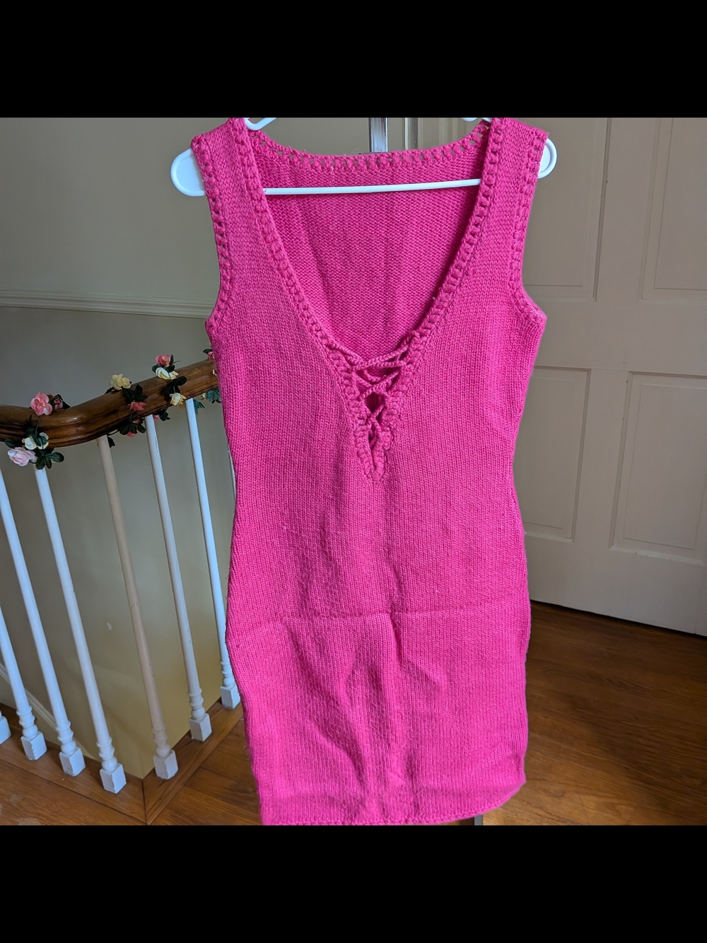 70s Hand-Knit Custom Sleeveless Pink Knit Dress - Picture 2 of 8